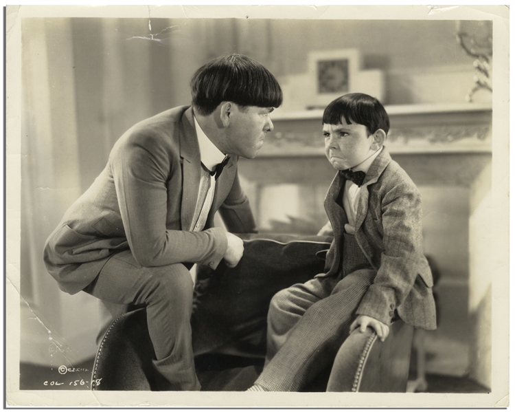 Moe Howard Personally Owned 10'' x 8'' Glossy Photo of Moe With His On-Screen Son From the Famous Deleted Scene of the 1934 Three Stooges Film ''Three Little Pigskins'' -- Good to Very Good Condition